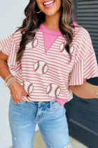 Sachet Pink Sequin Baseball Pattern Striped Ruffle Sleeve Round Neck Knit Top