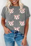 Medium Grey Twist Ribbed Sequined Bow Rugby Game Day Pattern Knit T Shirt