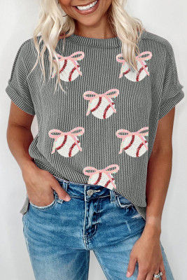 Medium Grey Twist Ribbed Sequined Bow Rugby Game Day Pattern Knit T Shirt