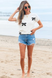 White Bow Pattern Knit Short Sleeve Sweater