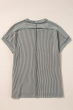 Medium Grey Twist Ribbed Sequined Bow Rugby Game Day Pattern Knit T Shirt