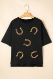 Black Western Shiny Horseshoes Pattern High Low Hem Casual T Shirt
