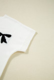 White Bow Pattern Knit Short Sleeve Sweater