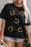 Black Western Shiny Horseshoes Pattern High Low Hem Casual T Shirt