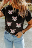 Black Shimmering Sequin Bow Ball Patterned Game Day Casual Tee