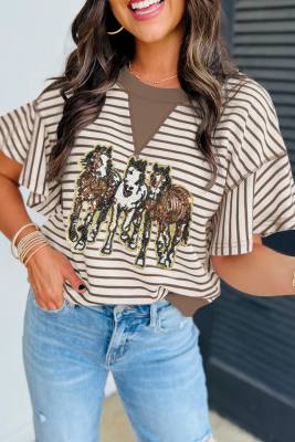 Parchment Sequin Horses Patched Striped Colorblock Ruffle Sleeve Top