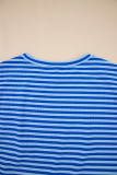 Sky Blue Stripe Ribbed Cap Sleeve Round Neck T Shirt
