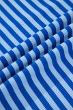 Sky Blue Stripe Ribbed Cap Sleeve Round Neck T Shirt
