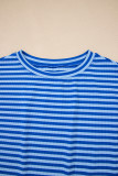 Sky Blue Stripe Ribbed Cap Sleeve Round Neck T Shirt