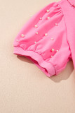 Pink Contrast Bow Trim Pearl Puff Sleeve Blouse and Skort 2pcs Set