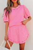 Pink Contrast Bow Trim Pearl Puff Sleeve Blouse and Skort 2pcs Set