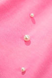 Pink Contrast Bow Trim Pearl Puff Sleeve Blouse and Skort 2pcs Set