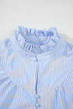 Sky Blue Stripe Ruffled Collar Puff Sleeve Half Buttons Blouse