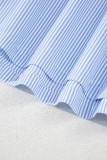 Sky Blue Stripe Ruffled Collar Puff Sleeve Half Buttons Blouse