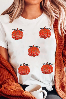 White Glitter Pumpkin Patched Cotton Blend T Shirt