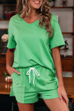 Mint Green V Neck Drop Shoulder Tee and Patchwork Drawstring Shorts Set