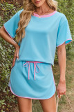 Turquoise Colorblock Edge Drop Shoulder T Shirt and Skort 2Pcs Set