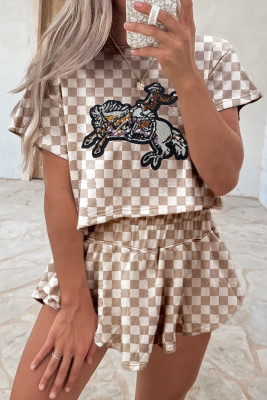 Brown Sequined Rodeo Graphic Checked Cropped Tee and Short Set