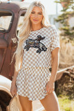 Brown Sequined Rodeo Graphic Checked Cropped Tee and Short Set
