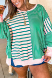Green Stripe Color Block Exposed Seam Side Slit Plus Size Sweatshirt