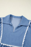 Dusk Blue Lace Ric Rac 3/4 Puff Sleeve Collared Babydoll Blouse
