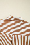 Brown Stripe Ruffled Hem Collared Long Sleeve Shirt Mini Dress