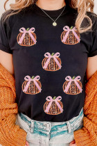Black Sequin Bow Pumpkin Patched Cotton Blend T Shirt