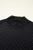 Black Rhinestone Embellished Mesh Long Sleeve Top