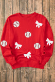 Red Sequin Baseball Bow Patched Pattern Game Day Pullover Sweatshirt