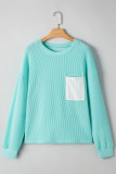 Iceland Blue 3D Ribbed Texture Contrast Patched Pocket Long Sleeve Top