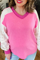 Bonbon Lace Striped Patchwork Long Sleeve Corded V Neck Plus Size Top