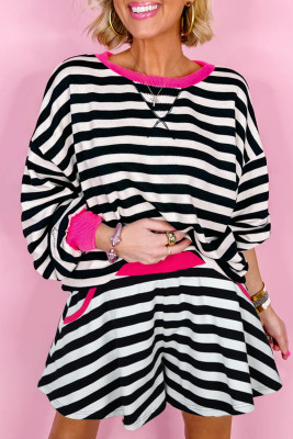 Black Stripe Contrast Ribbed Banding Long Sleeve Blouse Loose Shorts Set