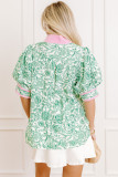 Green Leaves Pattern Color Block V Neck Puff Sleeve Blouse