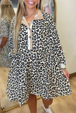 Multicolour Button Striped Collar Leopard Print Long Sleeve Flared Dress