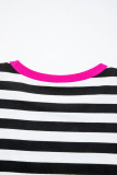 Black Stripe Contrast Ribbed Banding Long Sleeve Blouse Loose Shorts Set