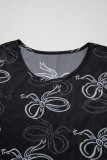 Black Round Neck Bow Print Long Sleeve Mesh Top