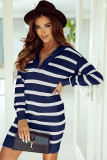 Blue Striped/Solid O-ring Zip Collared Loose Sweater Mini Dress