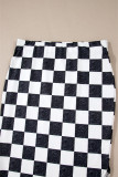 White Checkered Print Side Slit High Waist Midi Skirt