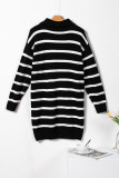 Black Striped/Solid O-ring Zip Collared Loose Sweater Mini Dress