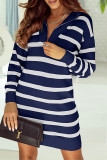 Blue Striped/Solid O-ring Zip Collared Loose Sweater Mini Dress