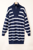 Blue Striped/Solid O-ring Zip Collared Loose Sweater Mini Dress