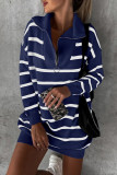 Blue Striped/Solid O-ring Zip Collared Loose Sweater Mini Dress