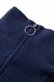 Blue Striped/Solid O-ring Zip Collared Loose Sweater Mini Dress