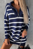 Blue Striped/Solid O-ring Zip Collared Loose Sweater Mini Dress