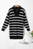 Black Striped/Solid O-ring Zip Collared Loose Sweater Mini Dress