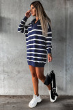 Blue Striped/Solid O-ring Zip Collared Loose Sweater Mini Dress