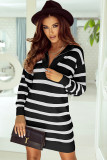 Black Striped/Solid O-ring Zip Collared Loose Sweater Mini Dress