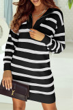 Black Striped/Solid O-ring Zip Collared Loose Sweater Mini Dress