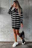 Black Striped/Solid O-ring Zip Collared Loose Sweater Mini Dress
