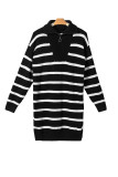 Black Striped/Solid O-ring Zip Collared Loose Sweater Mini Dress